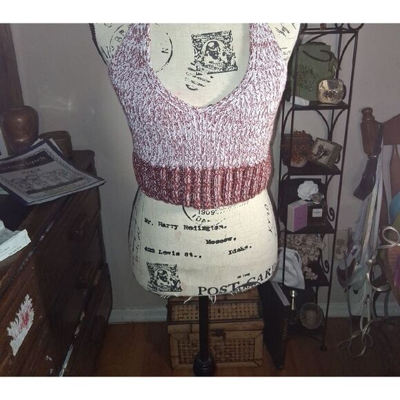 FREE PEOPLE Knit Halter Top - Burgundy and White Size Small Petite - Picture 6 of 14